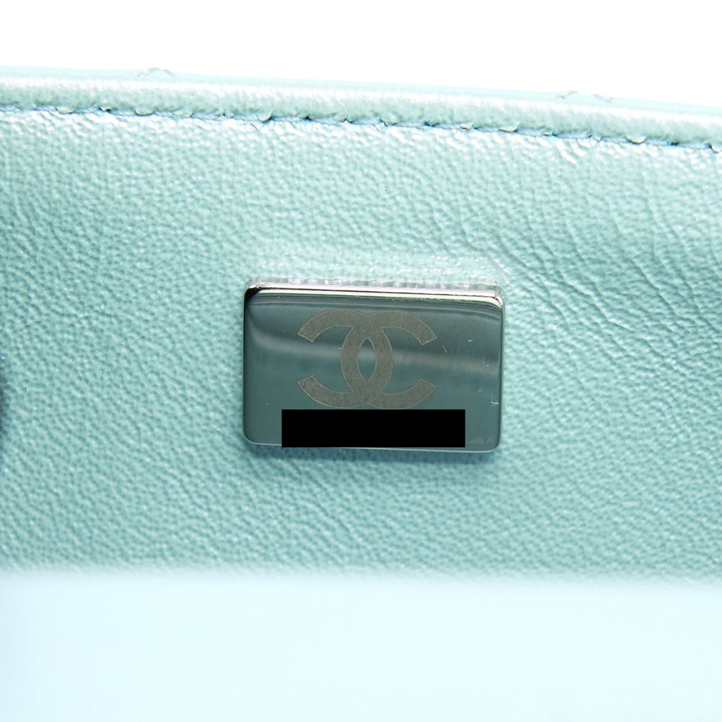 CHANEL 21K MINI RECTANGULAR FLAP BAG CALFSKIN IRIDESCENT LIGHT BLUE SHW (MICROCHIP)