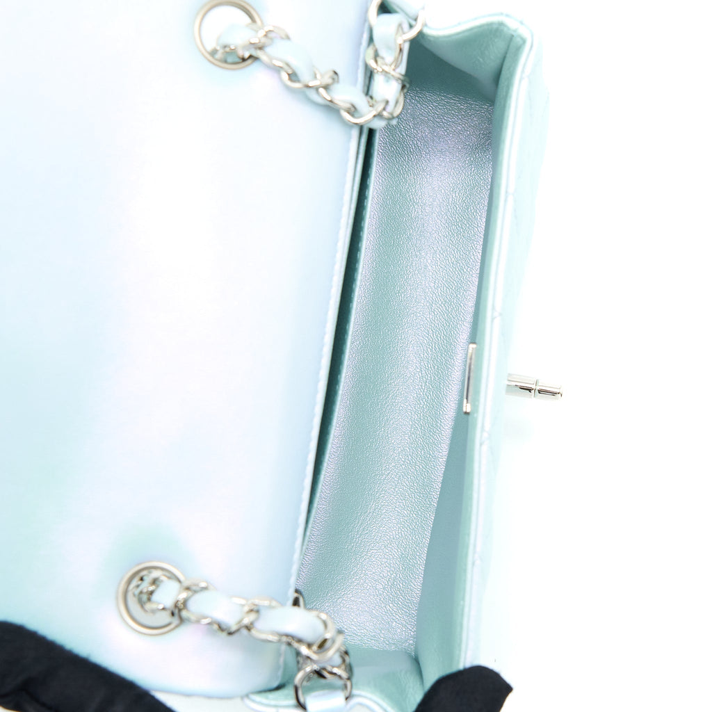 CHANEL 21K MINI RECTANGULAR FLAP BAG CALFSKIN IRIDESCENT LIGHT BLUE SHW (MICROCHIP)