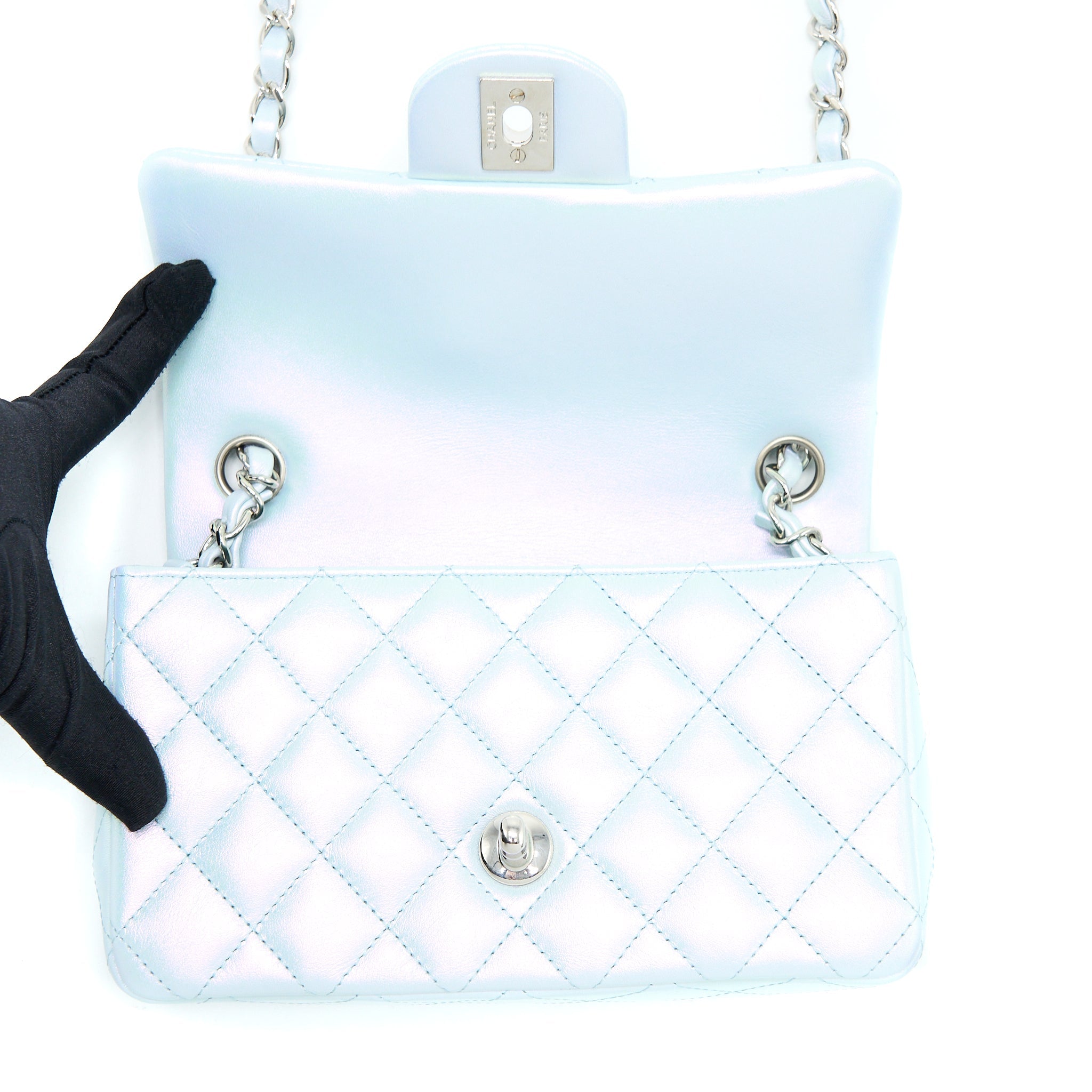 CHANEL 21K MINI RECTANGULAR FLAP BAG CALFSKIN IRIDESCENT LIGHT BLUE SHW (MICROCHIP)