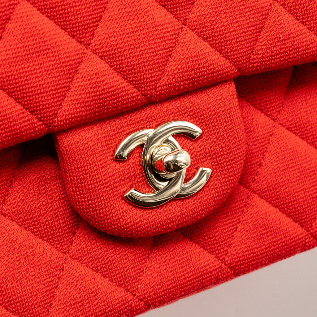 CHANEL MEDIUM CLASSIC DOUBLE FLAP BAG FABRIC RED /PINK LGHW (MICROCHIP)