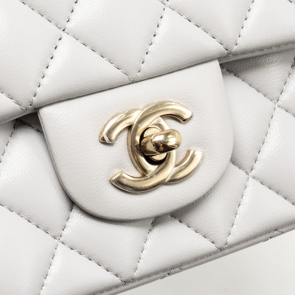 CHANEL TOP HANDLE MINI RECTANGULAR FLAP BAG LAMBSKIN LIGHT GREY LGHW (MICROCHIP)