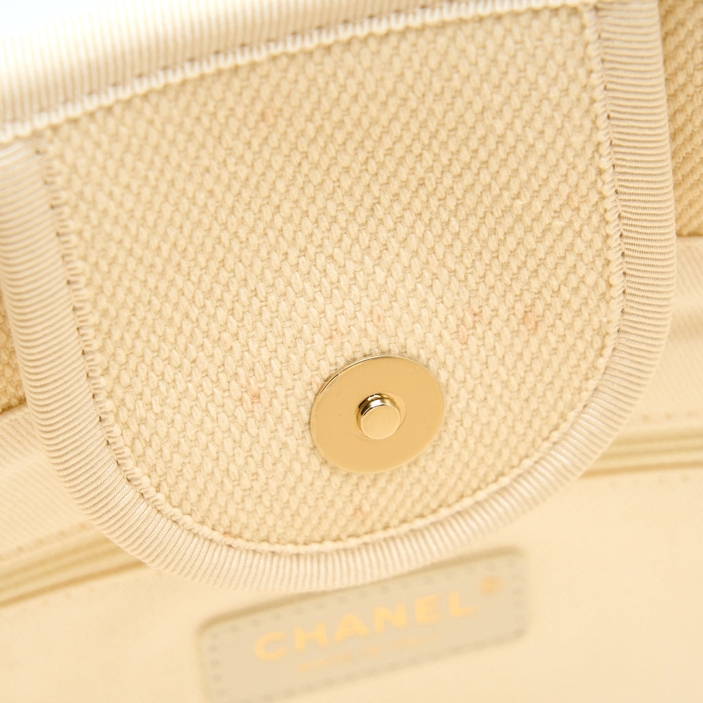 CHANEL DEAUVILLE TOTE BAG CANVAS LIGHT BEIGE LGHW