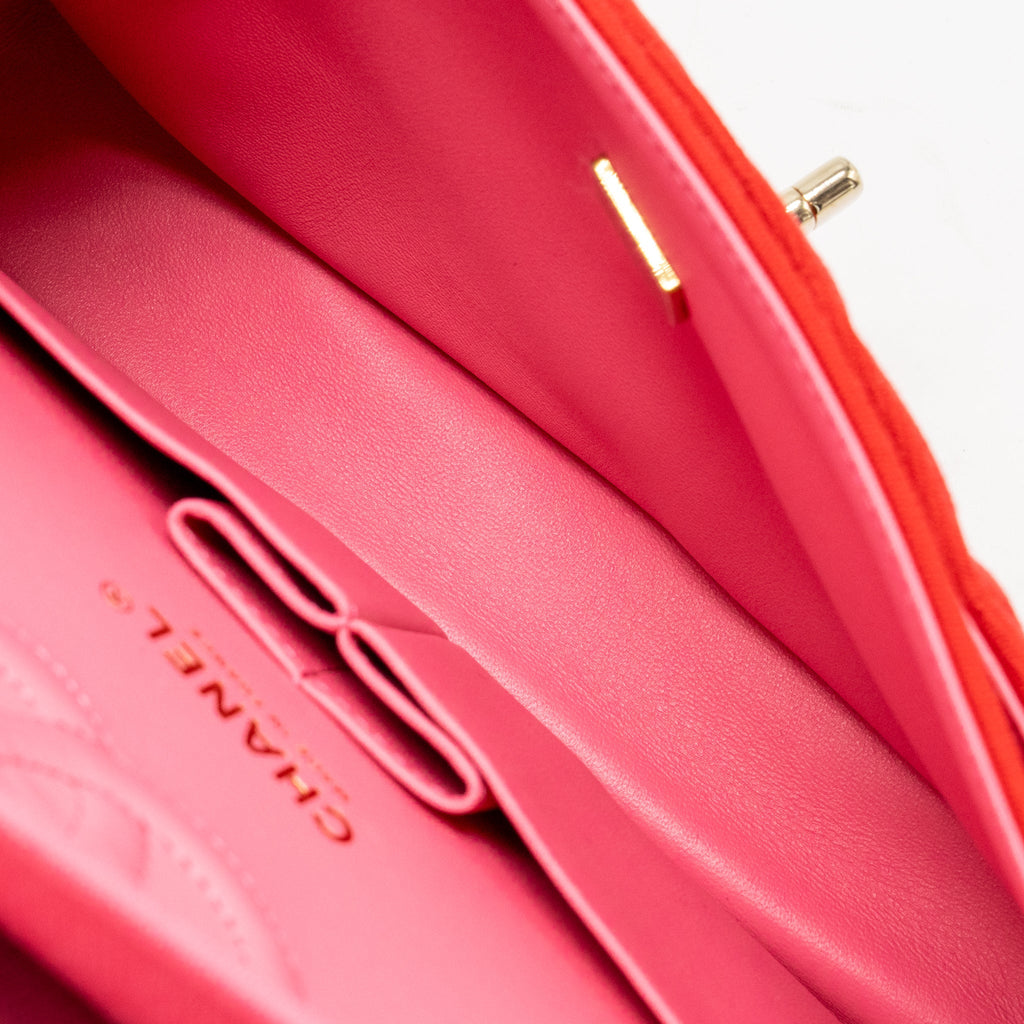 CHANEL MEDIUM CLASSIC DOUBLE FLAP BAG FABRIC RED /PINK LGHW (MICROCHIP)