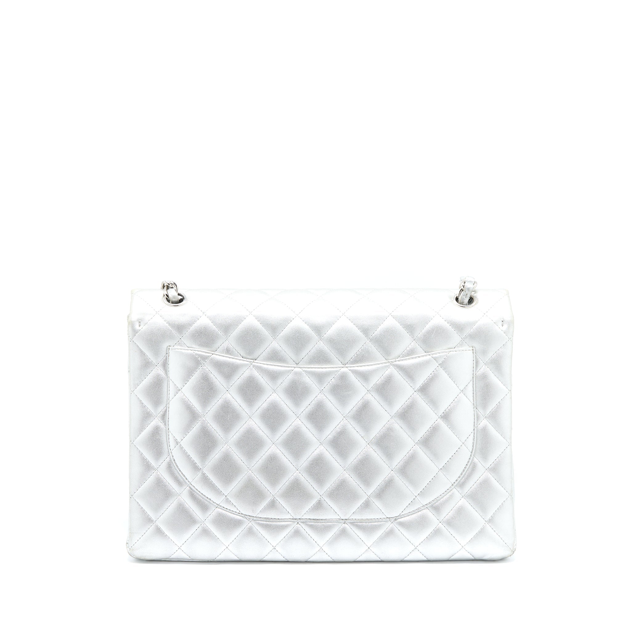CHANEL MAXI CLASSIC SINGLE FLAP BAG LAMBSKIN SILVER SHW