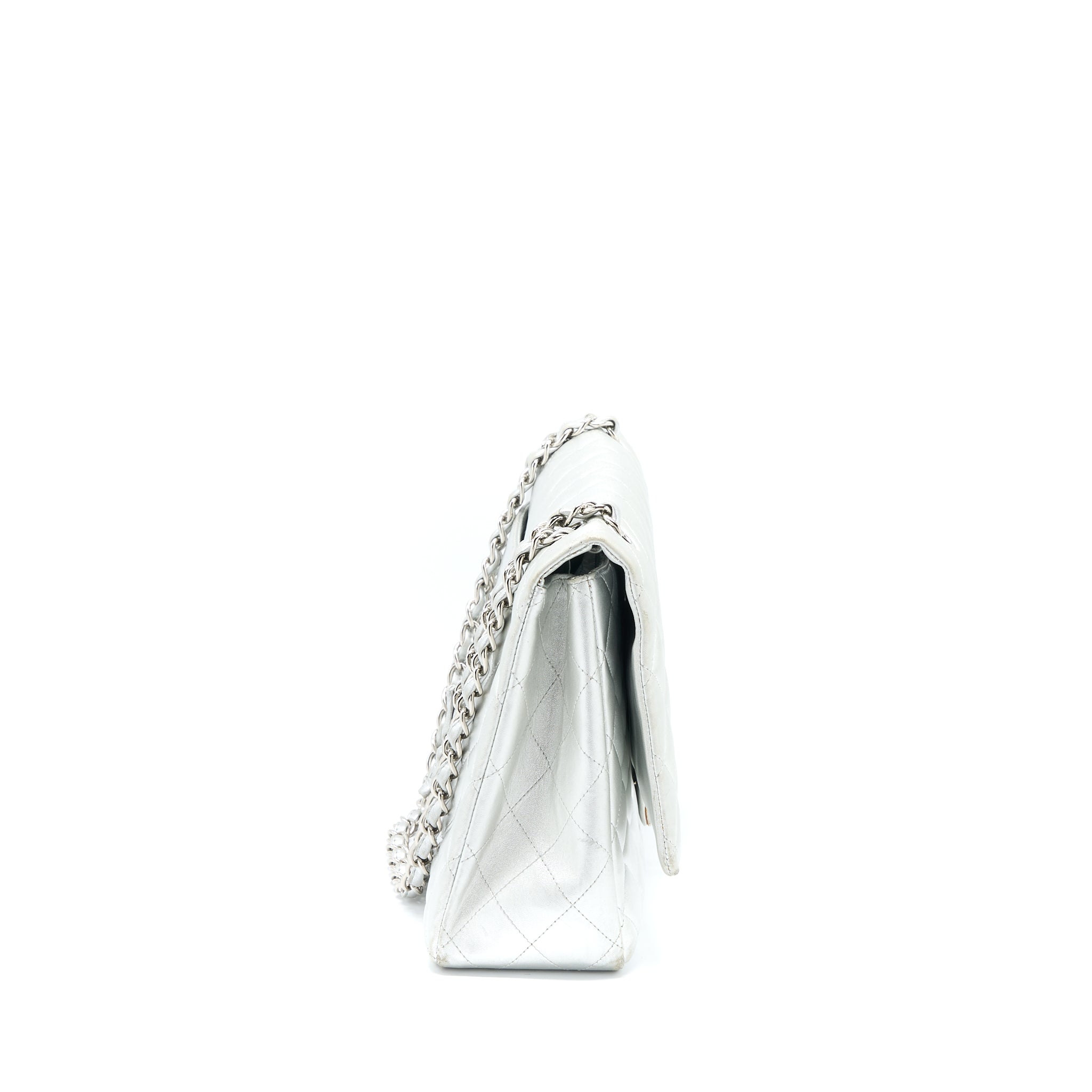 CHANEL MAXI CLASSIC SINGLE FLAP BAG LAMBSKIN SILVER SHW