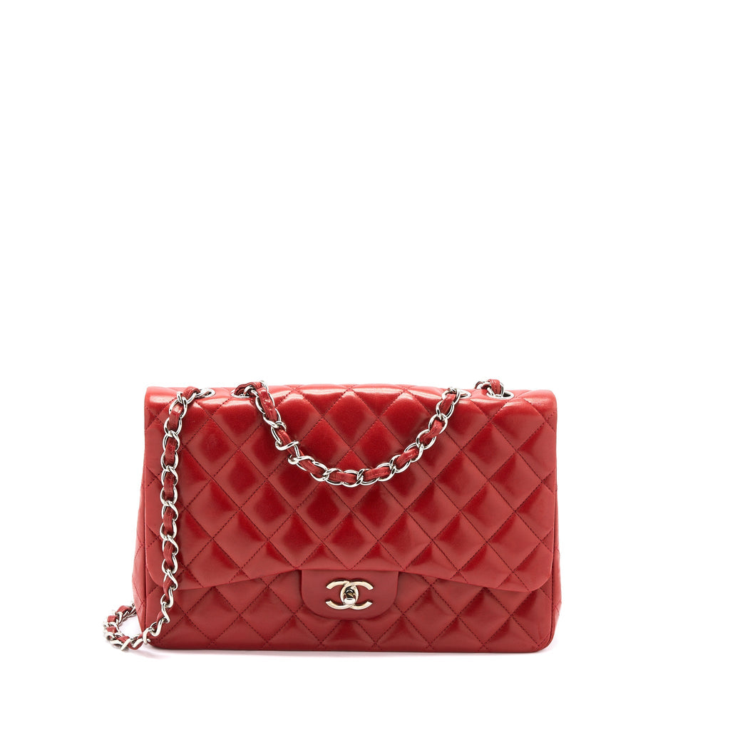 CHANEL CLASSIC JUMBO SINGLE FLAP BAG LAMBSKIN RED SHW