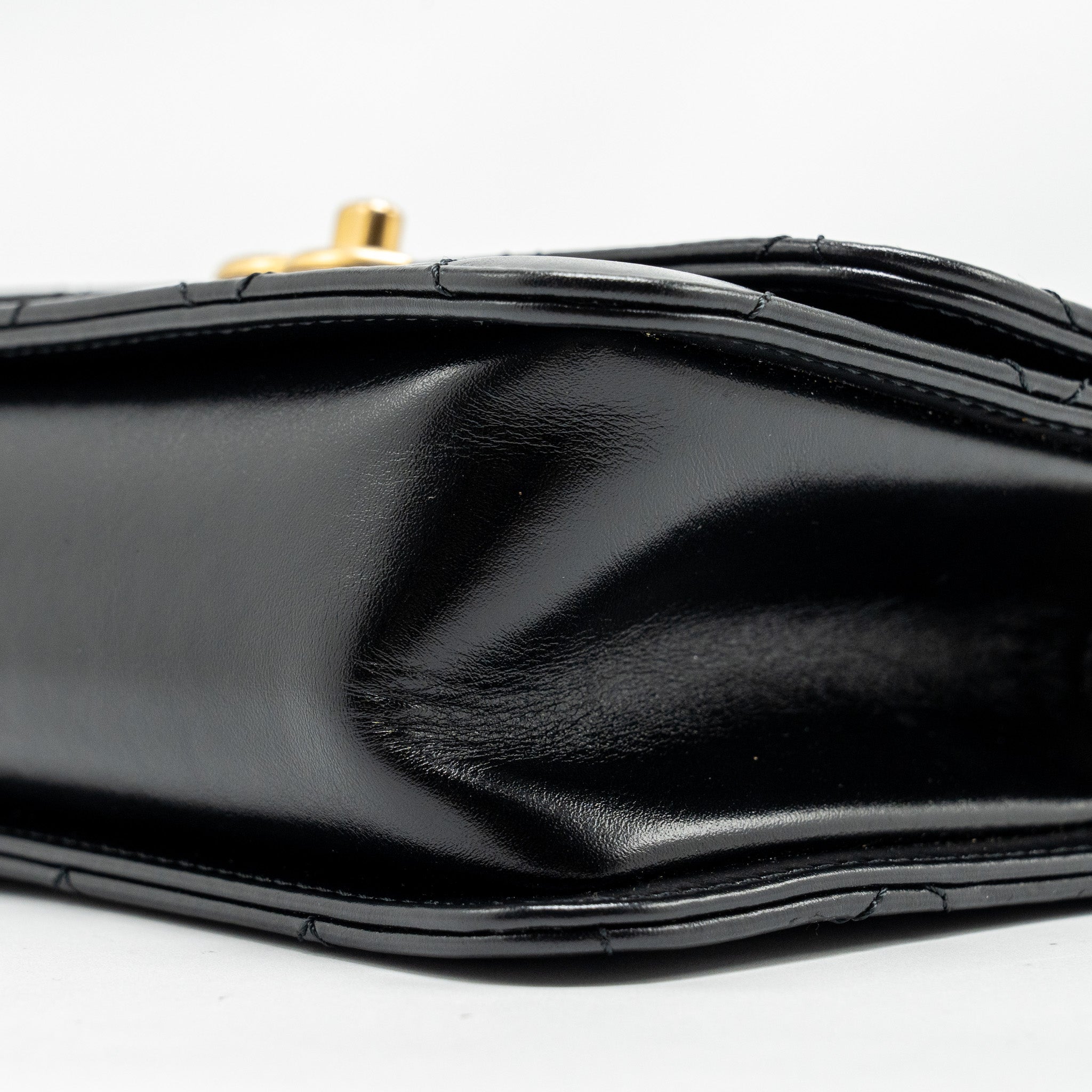 CHANEL GOLD CRUSH MINI FLAP BAG CALFSKIN BLACK GHW (MICROCHIP)