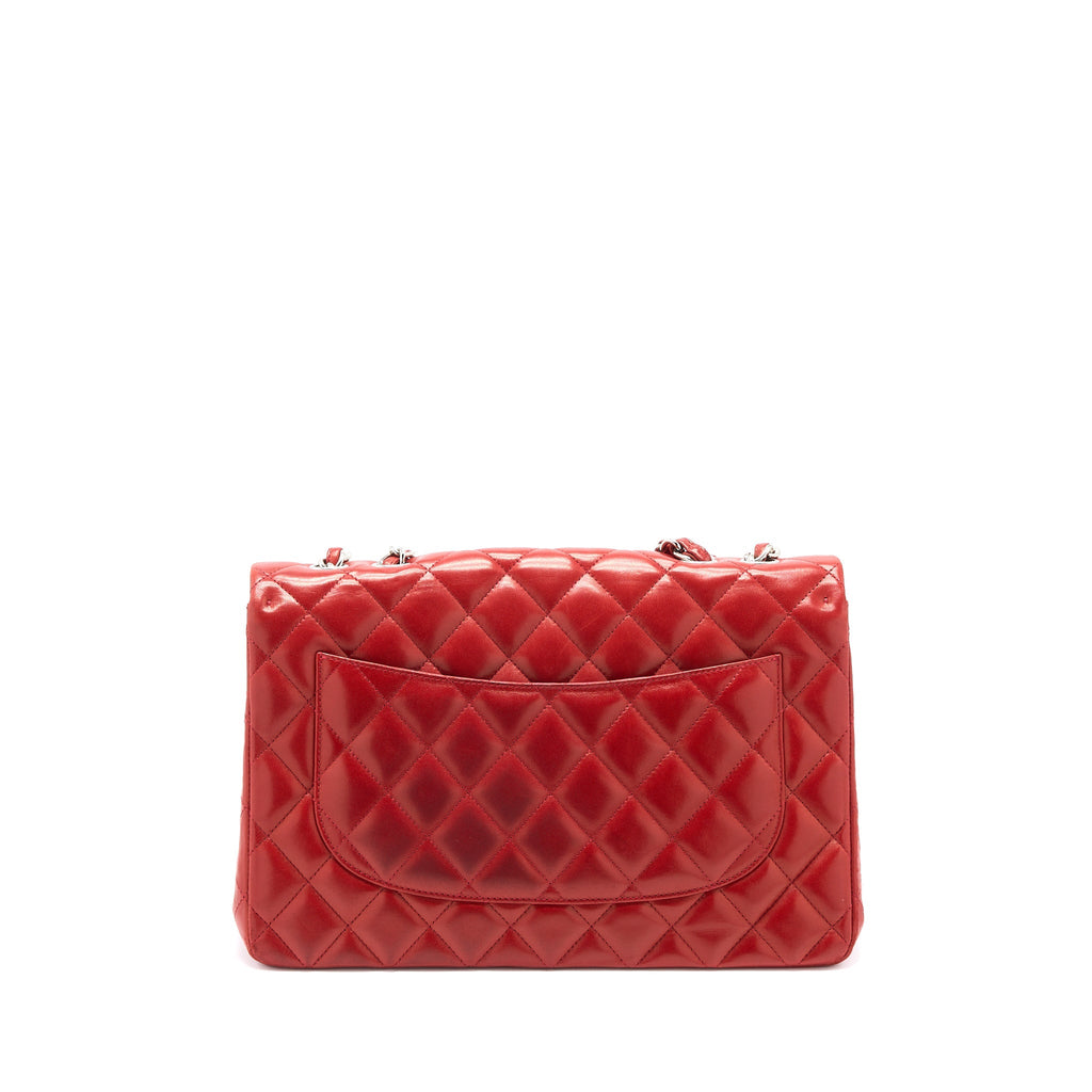 CHANEL CLASSIC JUMBO SINGLE FLAP BAG LAMBSKIN RED SHW