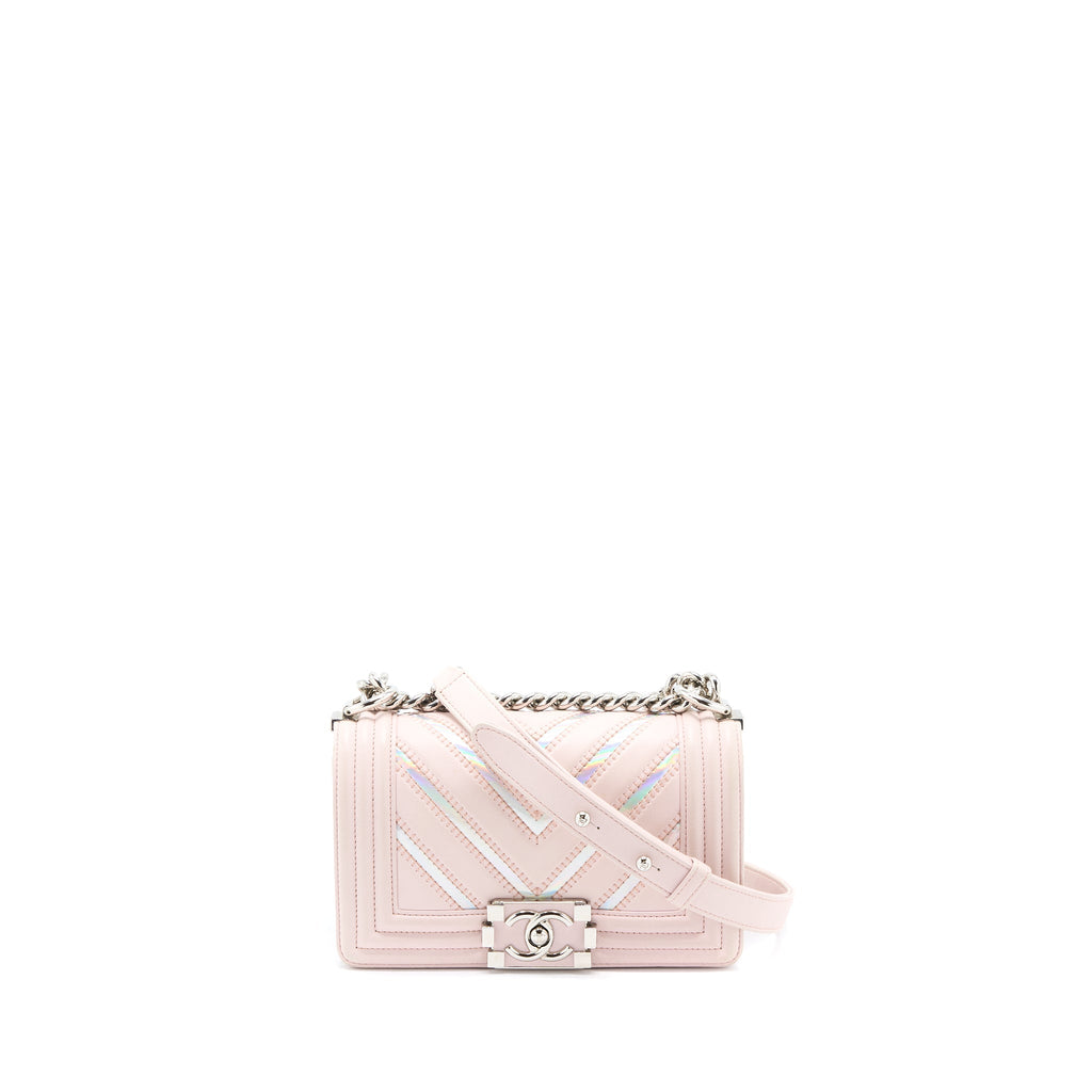 CHANEL CHEVRON SMALL BOY BAG LIMITED EDITION LAMBSKIN LIGHT PINK SHW