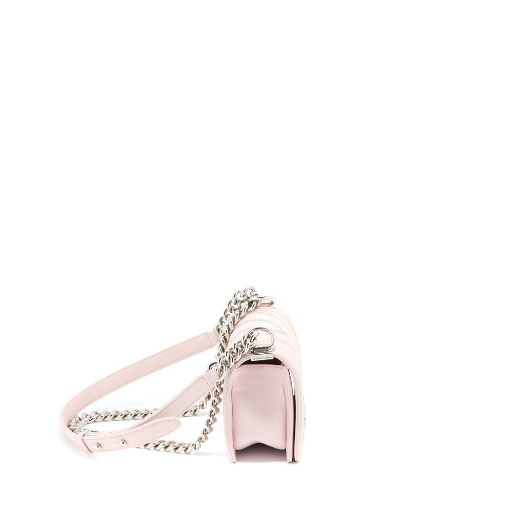 CHANEL CHEVRON SMALL BOY BAG LIMITED EDITION LAMBSKIN LIGHT PINK SHW