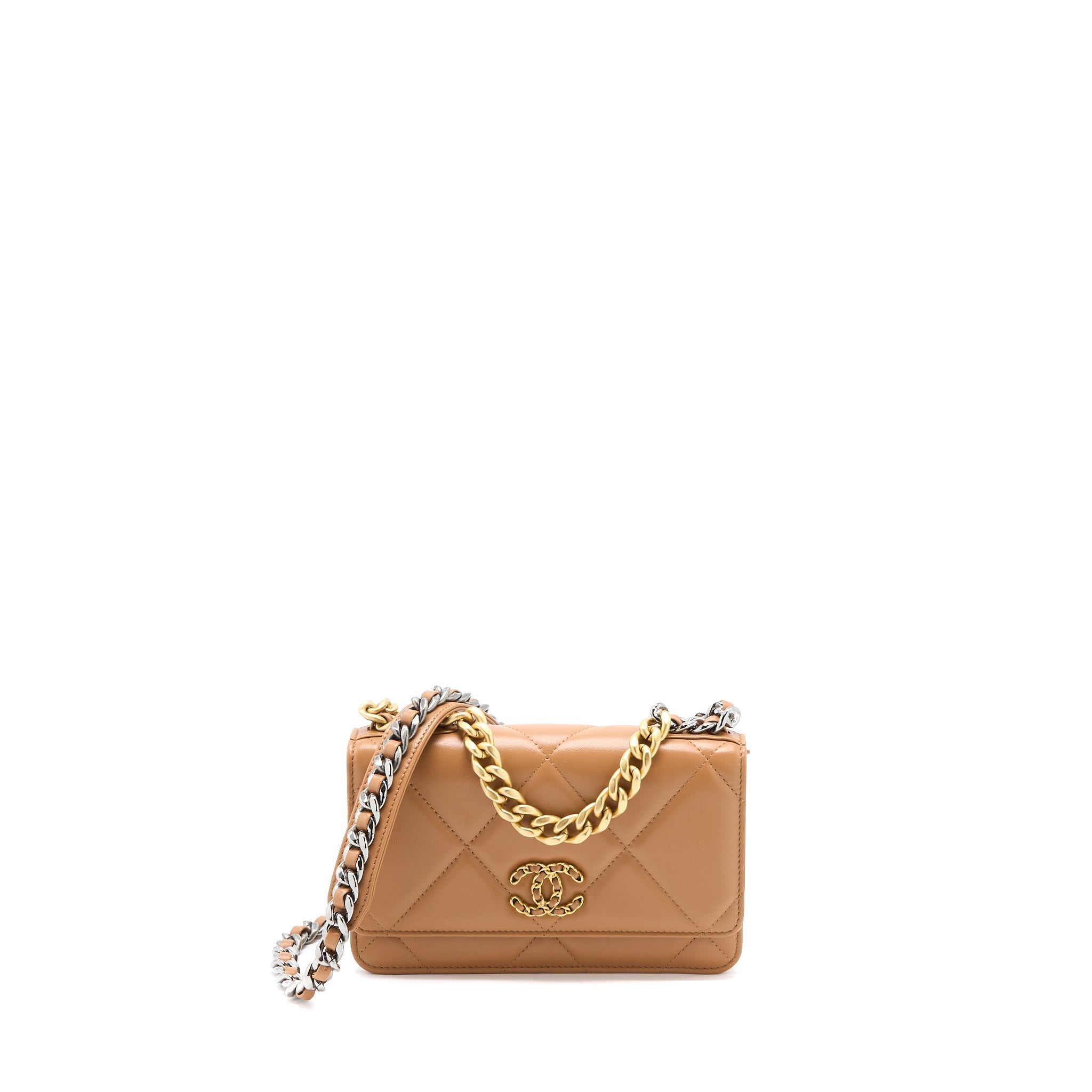 CHANEL 19 WALLET ON CHAIN LAMBSKIN CARAMEL MULTICOLOUR HARDWARE (MICROCHIP)