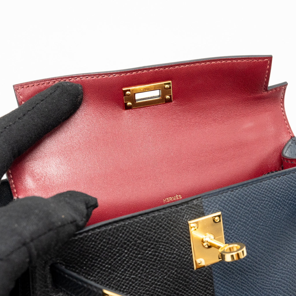 HERMES MINI KELLY II CASAQUE EPSOM BLEU INDIGO/NOIR/ROUGE GRENAT GHW
