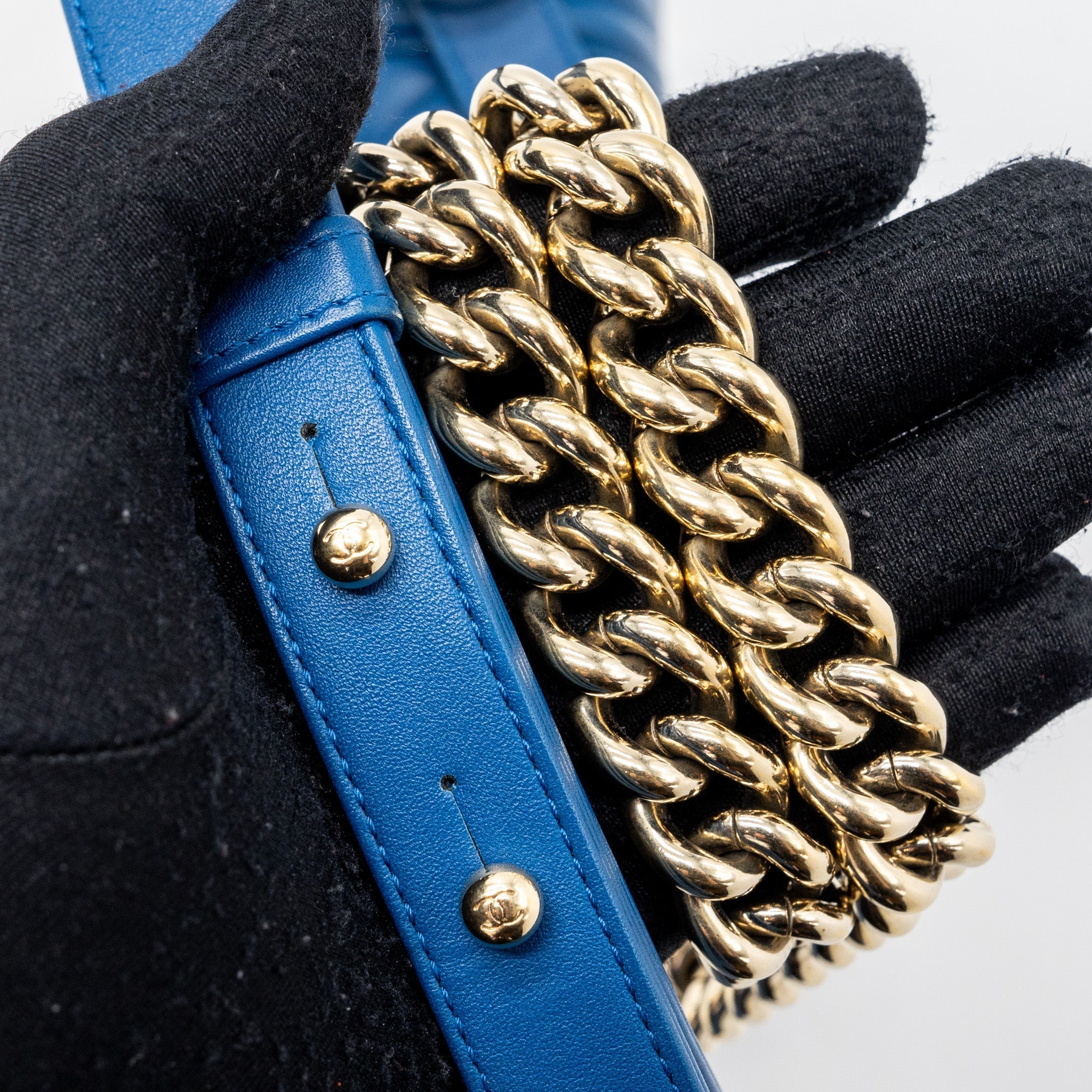 CHANEL SMALL BOY BAG CALFSKIN BLUE LGHW