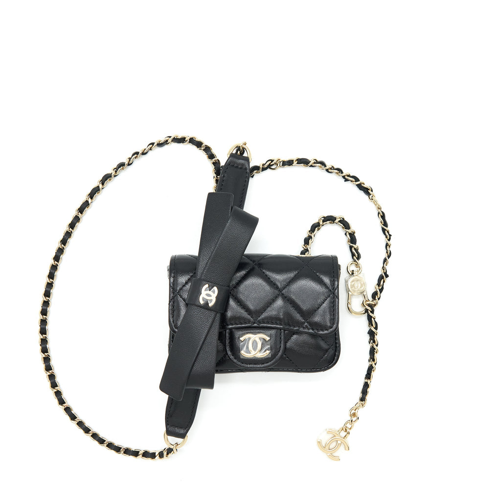 CHANEL MINI FLAP BELT BAG WITH RIBBON LAMBSKIN BLACK LGHW
