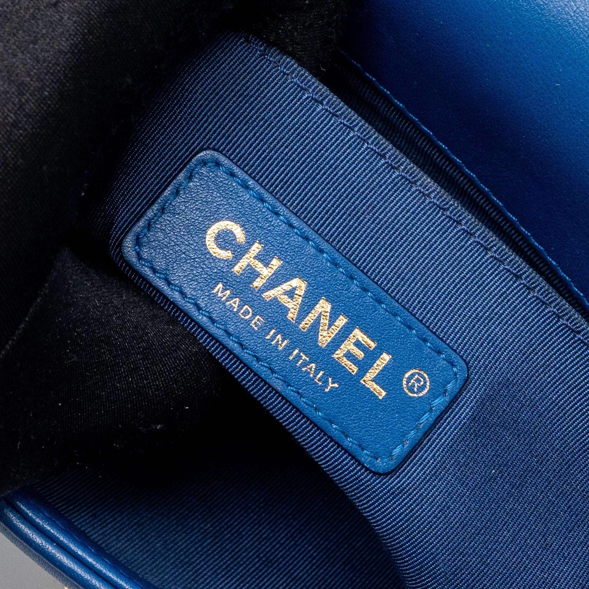 CHANEL SMALL BOY BAG CALFSKIN BLUE LGHW