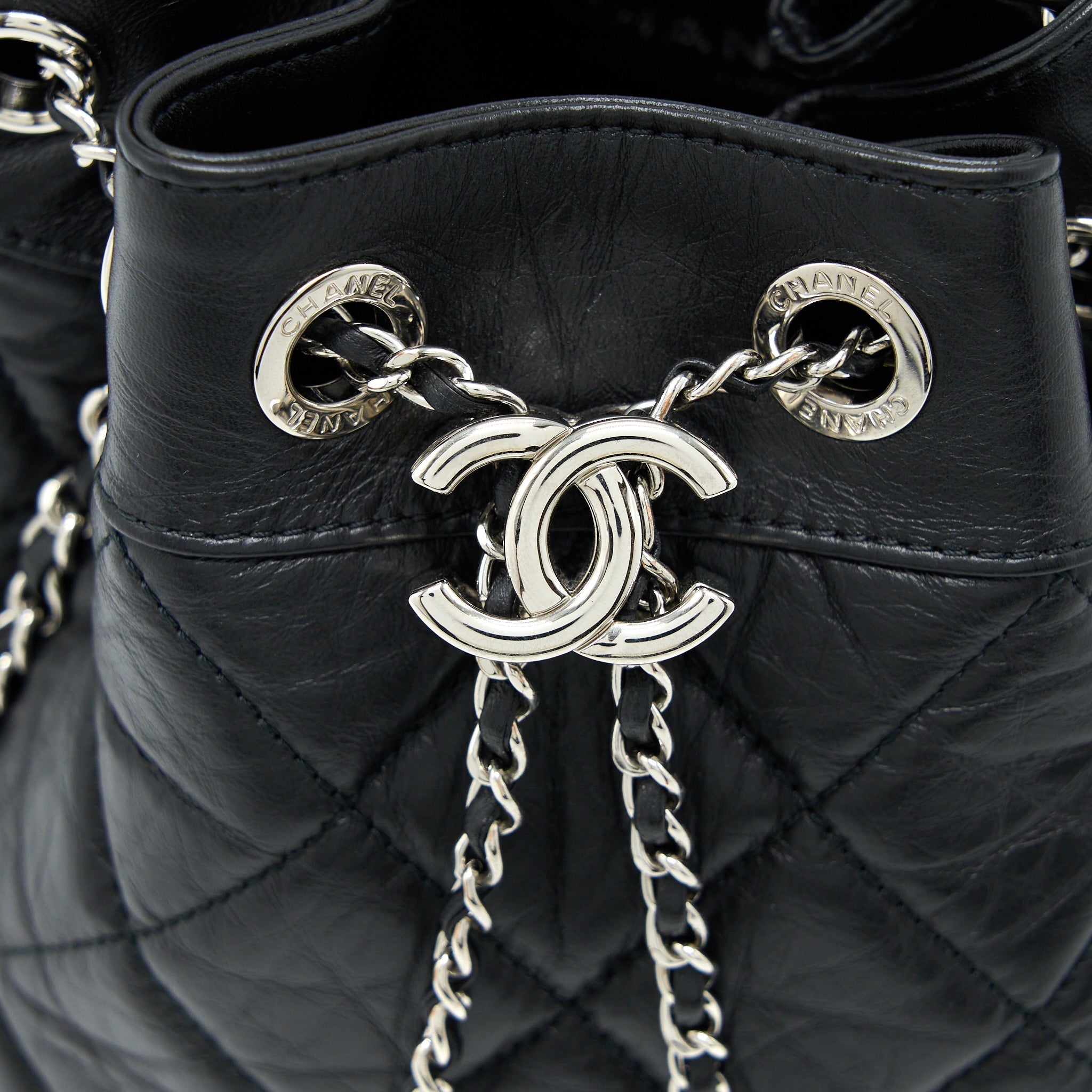 CHANEL 20S DRAWSTRING BUCKET BAG AGED CALFSKIN BLACK SHW