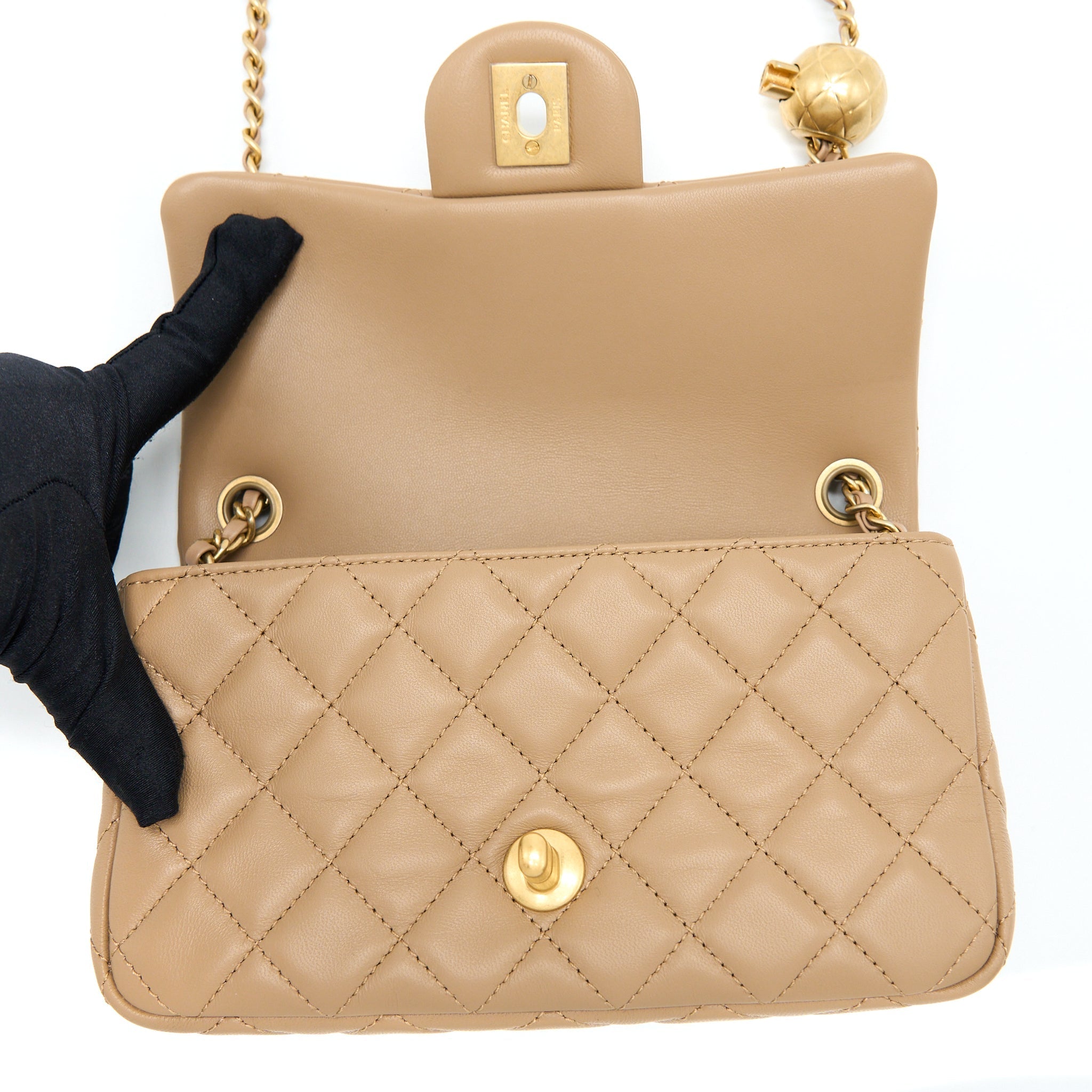CHANEL 22S PEARL CRUSHED MINI RECTANGULAR LAMBSKIN DARK BEIGE GHW(MICROCHIP)
