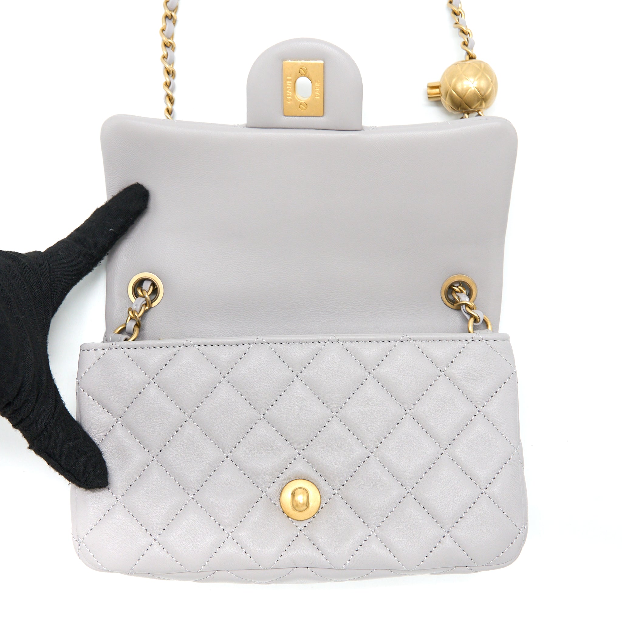 CHANEL PEARL CRUSH MINI RECTANGULAR FLAP BAG LAMBSKIN LIGHT GREY GHW (MICROCHIP)