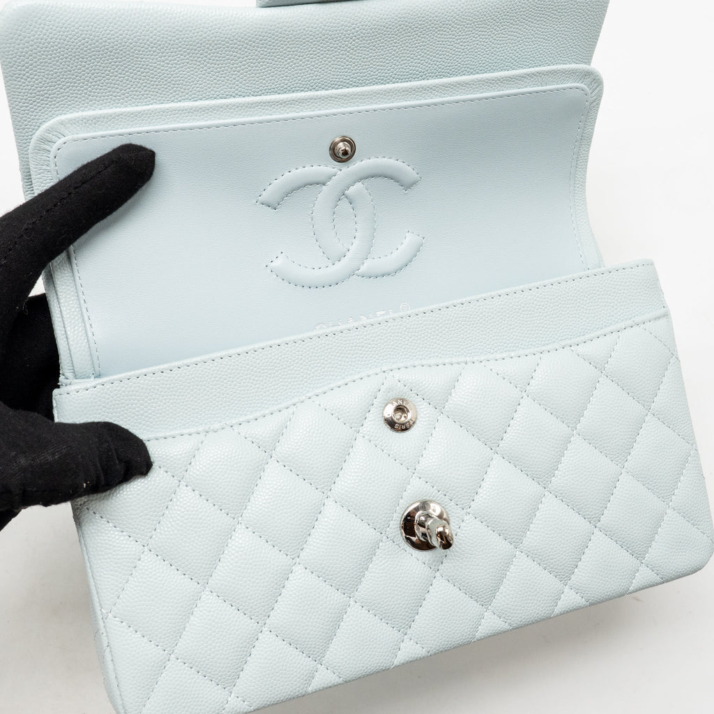 CHANEL SMALL CLASSIC DOUBLE FLAP BAG CAVIAR LIGHT BLUE SHW (MICROCHIP)