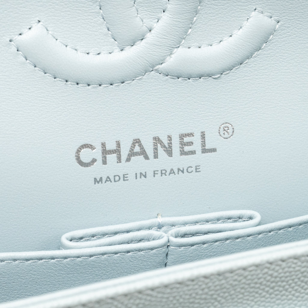 CHANEL SMALL CLASSIC DOUBLE FLAP BAG CAVIAR LIGHT BLUE SHW (MICROCHIP)