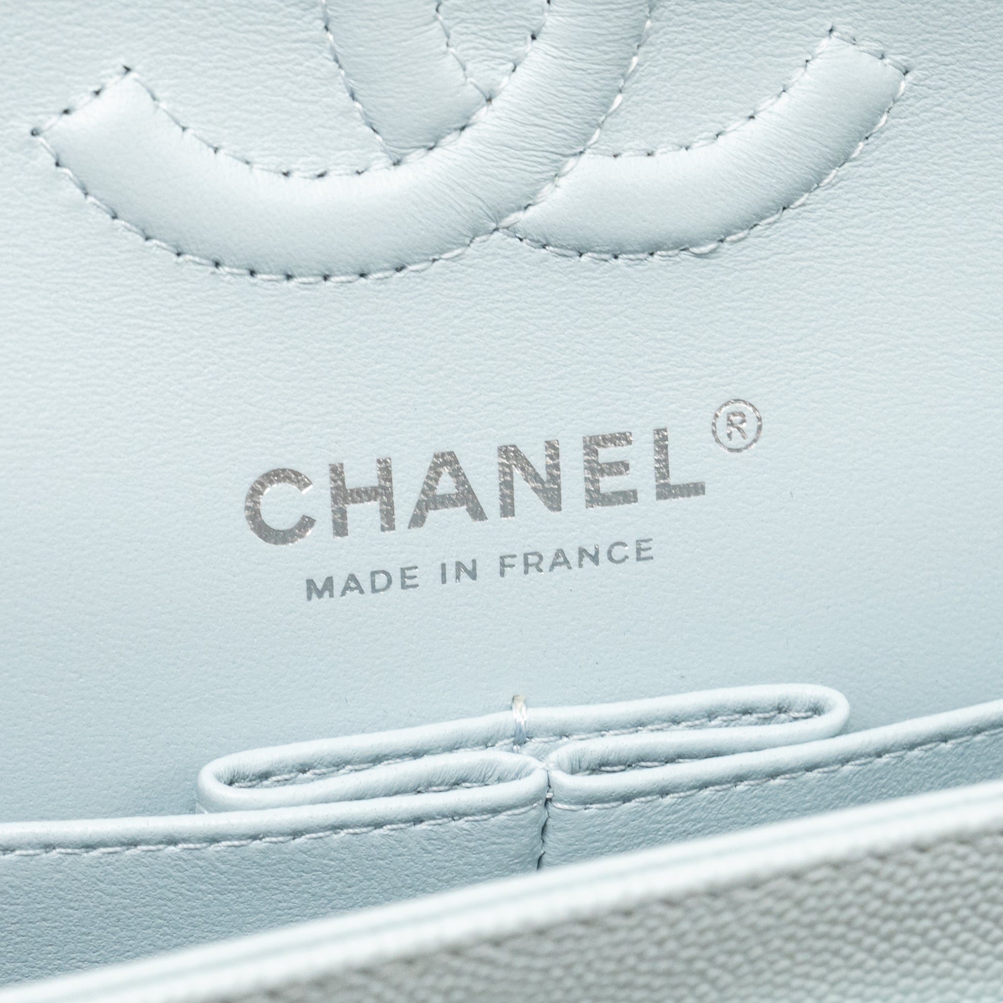 CHANEL SMALL CLASSIC DOUBLE FLAP BAG CAVIAR LIGHT BLUE SHW (MICROCHIP)