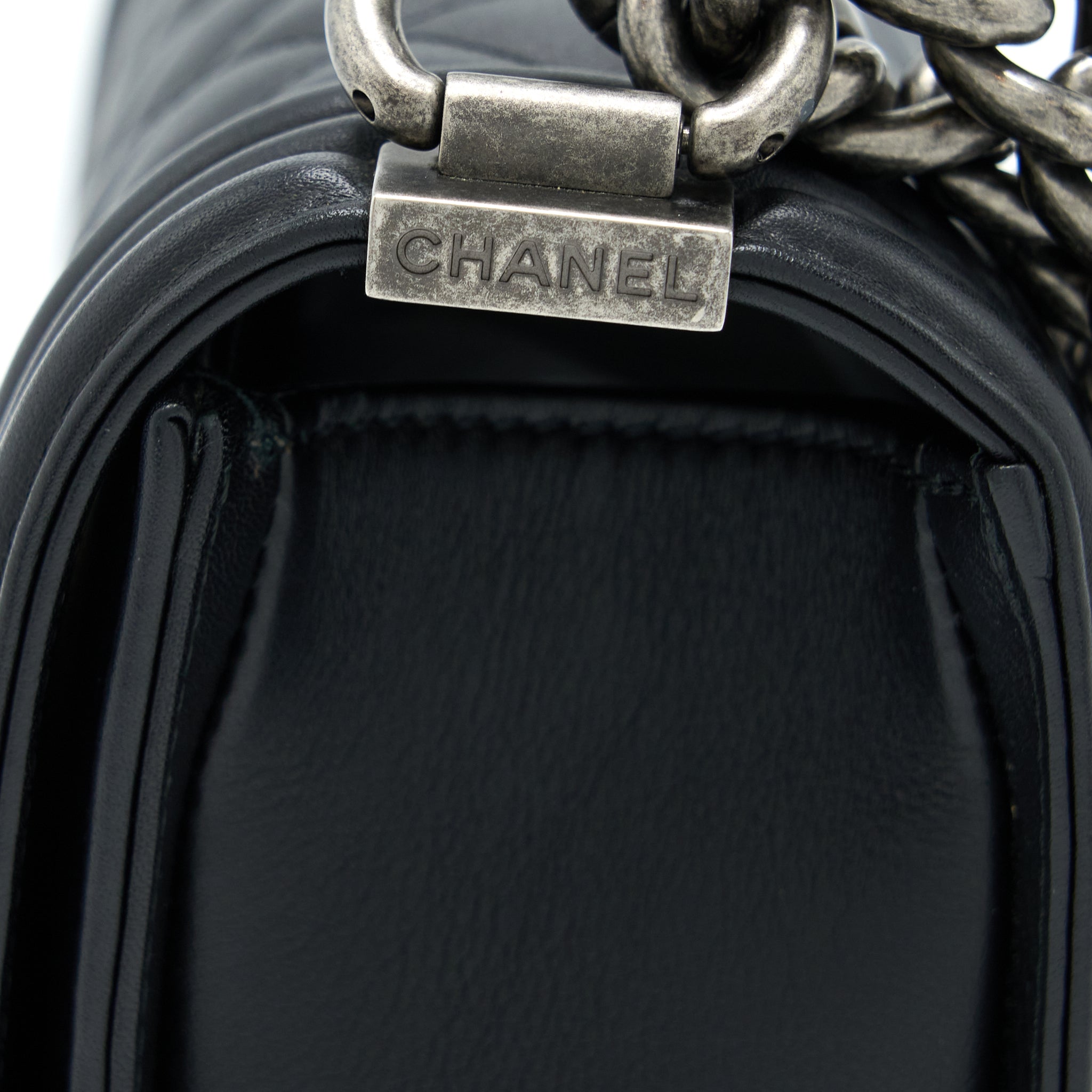 CHANEL SMALL BOY BAG CALFSKIN BLACK WITH RUTHENIUM HARDWARE