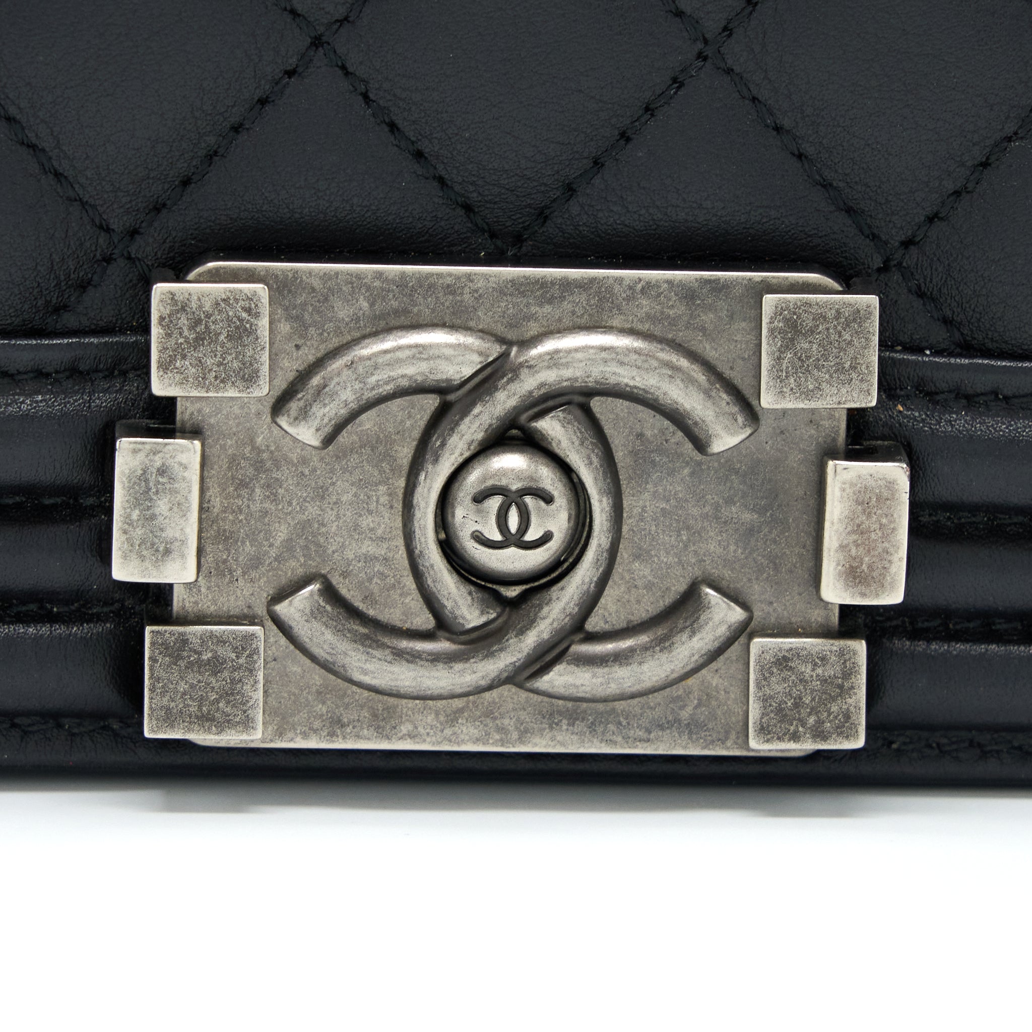 CHANEL SMALL BOY BAG CALFSKIN BLACK WITH RUTHENIUM HARDWARE