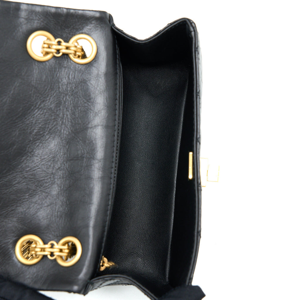 CHANEL MINI REISSUE 2.55 FLAP BAG AGED CALFSKIN BLACK BRUSHED GHW (MICROCHIP)