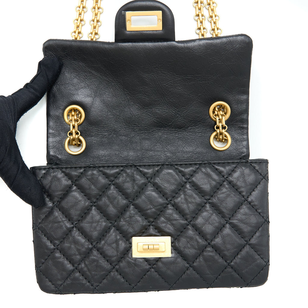 CHANEL MINI REISSUE 2.55 FLAP BAG AGED CALFSKIN BLACK BRUSHED GHW (MICROCHIP)