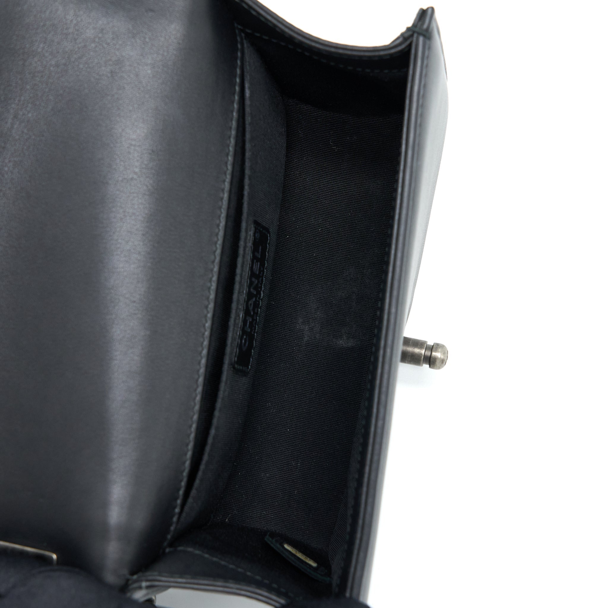 CHANEL SMALL BOY BAG CALFSKIN BLACK WITH RUTHENIUM HARDWARE