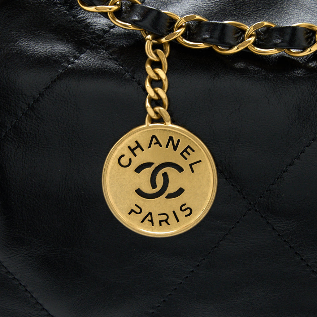 CHANEL MEDIUM 22 BAG GOLD LETTER SHINY CALFSKIN BLACK BRUSHED GHW(MICROCHIP)