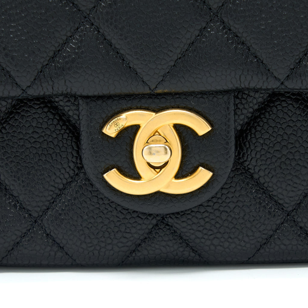 CHANEL QUILTED FLAP BAG WITH DOUBLE CHAIN CAVIAR BLACK BRUSHED GHW (MICROCHIP)