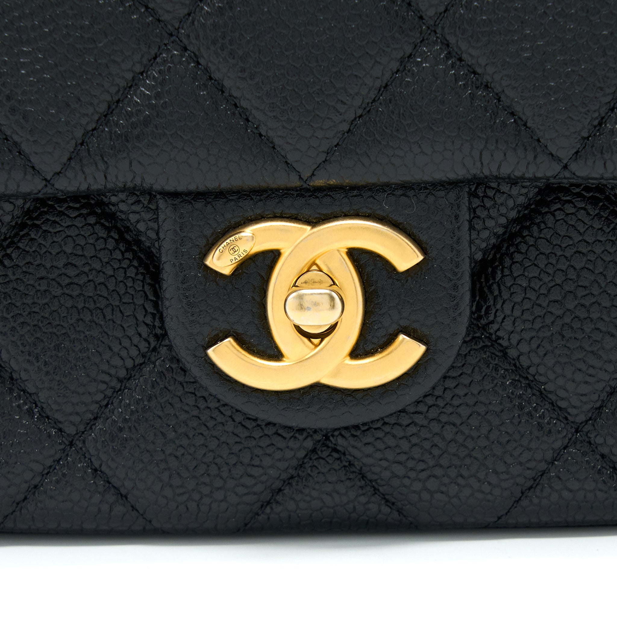 CHANEL QUILTED FLAP BAG WITH DOUBLE CHAIN CAVIAR BLACK BRUSHED GHW (MICROCHIP)
