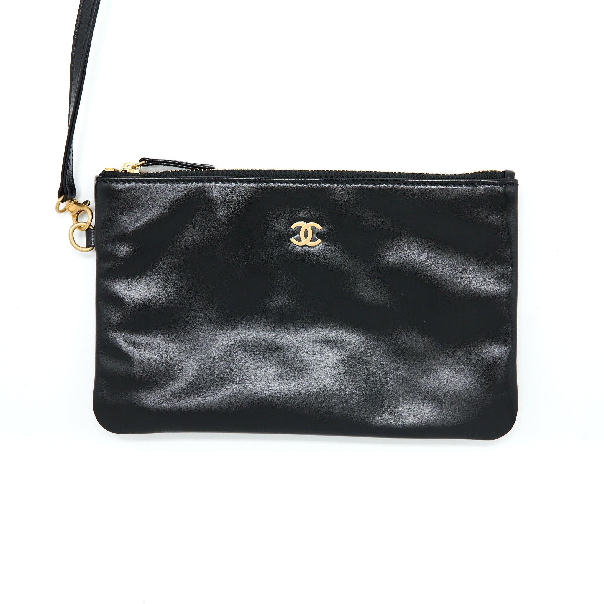 CHANEL MEDIUM 22 BAG GOLD LETTER SHINY CALFSKIN BLACK BRUSHED GHW(MICROCHIP)