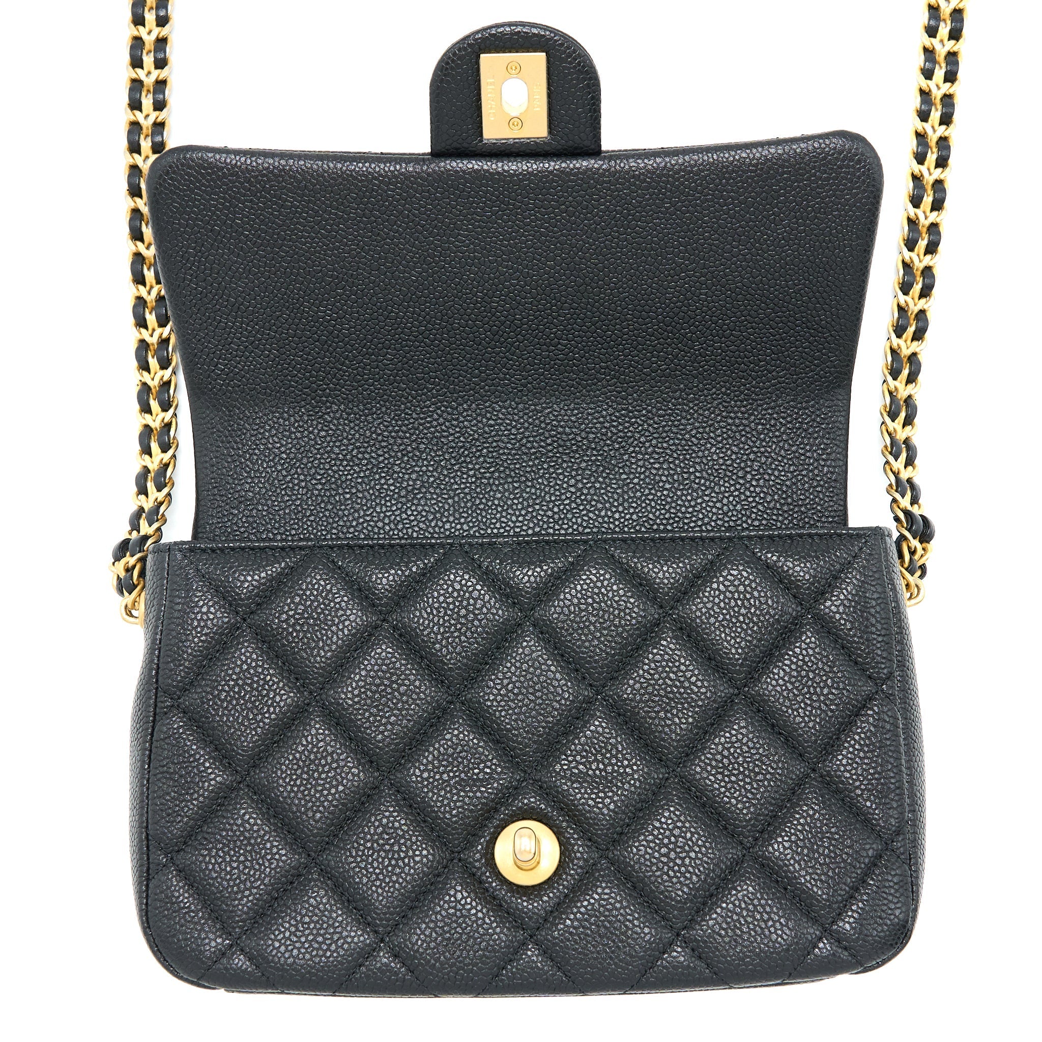 CHANEL QUILTED FLAP BAG WITH DOUBLE CHAIN CAVIAR BLACK BRUSHED GHW (MICROCHIP)
