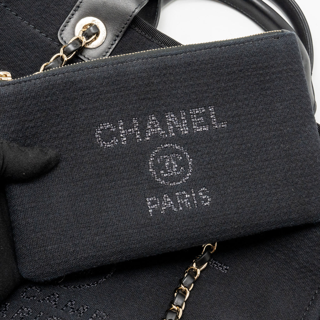 CHANEL DEAUVILLE TOTE BAG CANVAS/CALFSKIN BLACK LGHW (MICROCHIP)