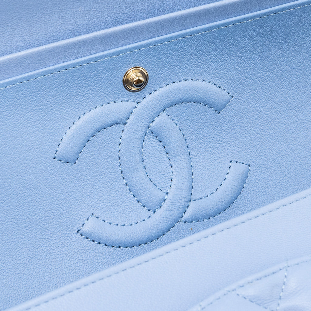 CHANEL MEDIUM CLASSIC DOUBLE FLAP BAG LAMBSKIN LIGHT BLUE LGHW