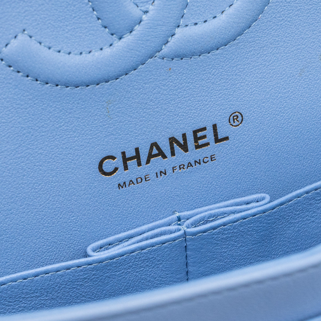 CHANEL MEDIUM CLASSIC DOUBLE FLAP BAG LAMBSKIN LIGHT BLUE LGHW