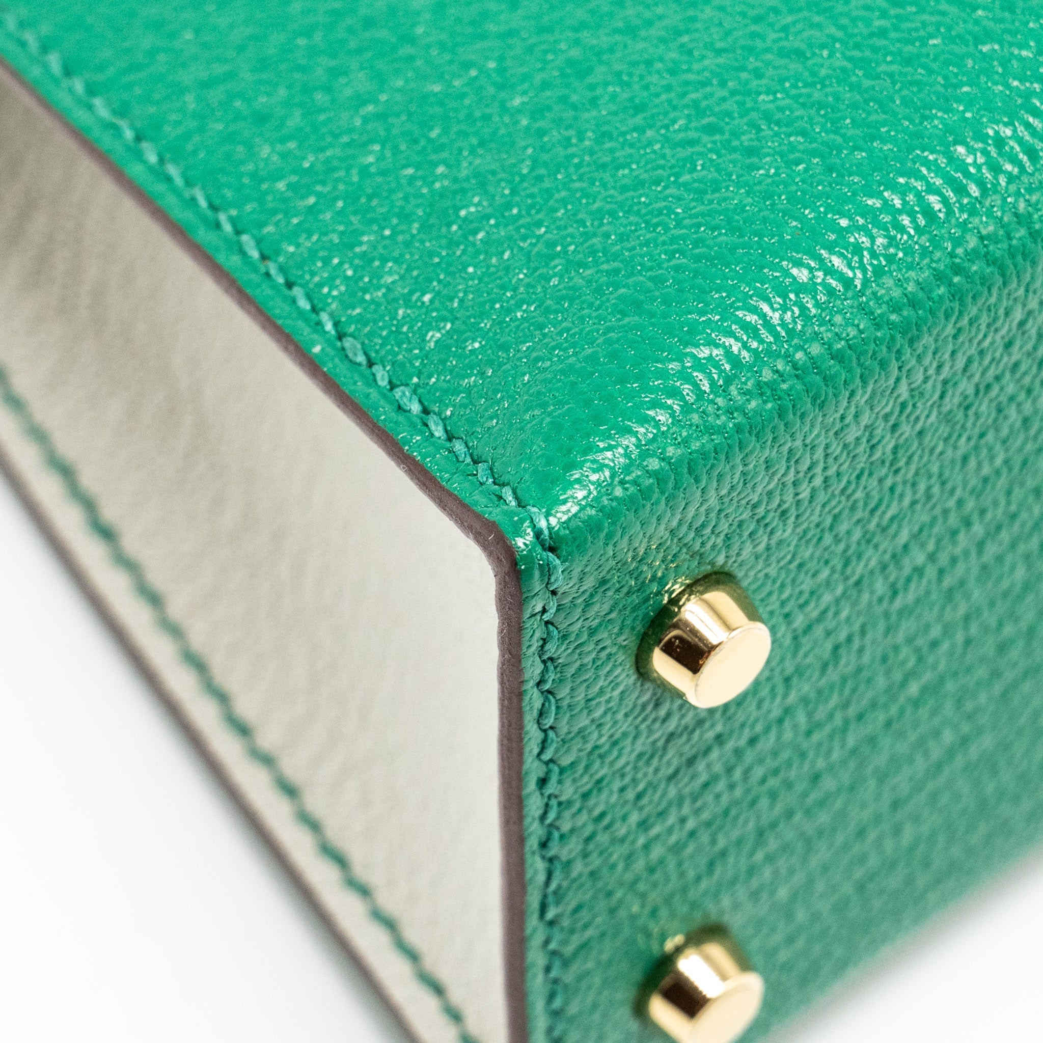 HERMES MINI KELLY SPECIAL ORDER CHÈVRE MYSORE VERT VERTIGO/GRIS PERLE LGHW