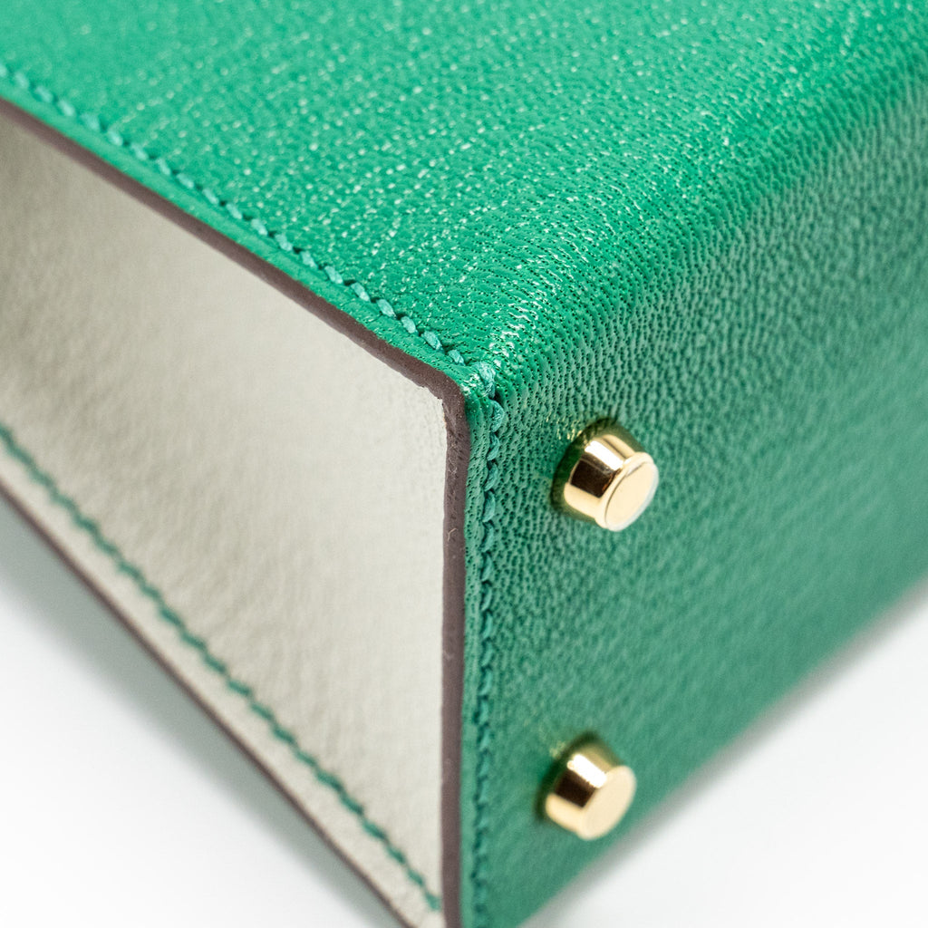 HERMES MINI KELLY SPECIAL ORDER CHÈVRE MYSORE VERT VERTIGO/GRIS PERLE LGHW