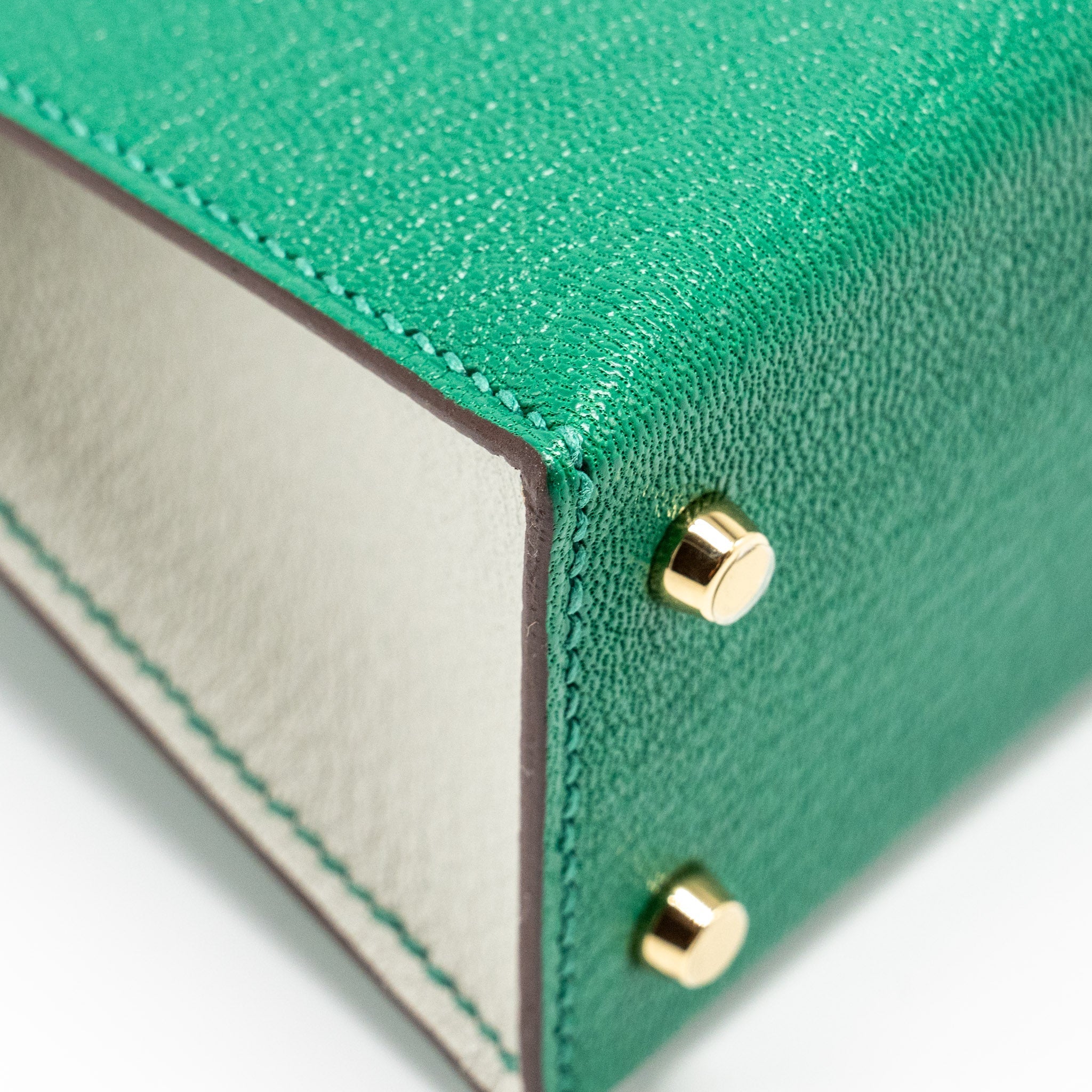 HERMES MINI KELLY SPECIAL ORDER CHÈVRE MYSORE VERT VERTIGO/GRIS PERLE LGHW