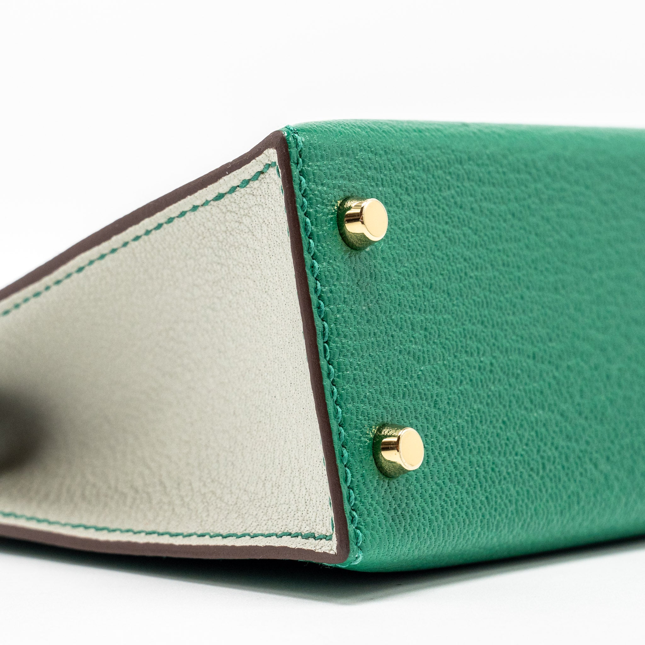 HERMES MINI KELLY SPECIAL ORDER CHÈVRE MYSORE VERT VERTIGO/GRIS PERLE LGHW