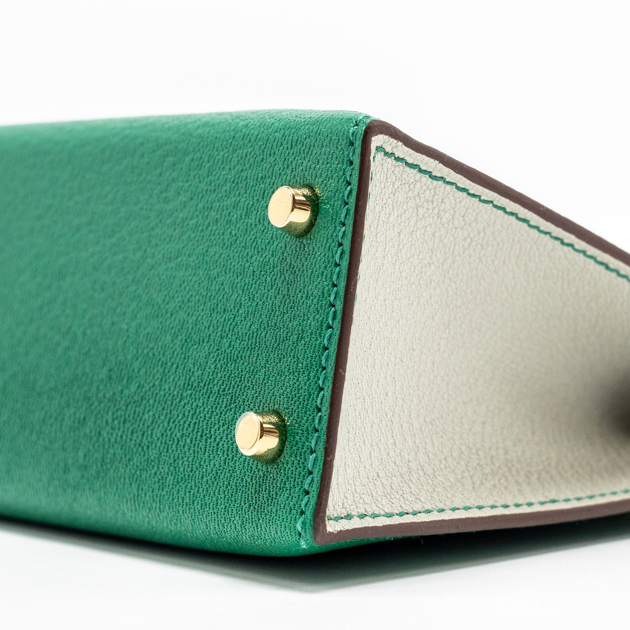 HERMES MINI KELLY SPECIAL ORDER CHÈVRE MYSORE VERT VERTIGO/GRIS PERLE LGHW