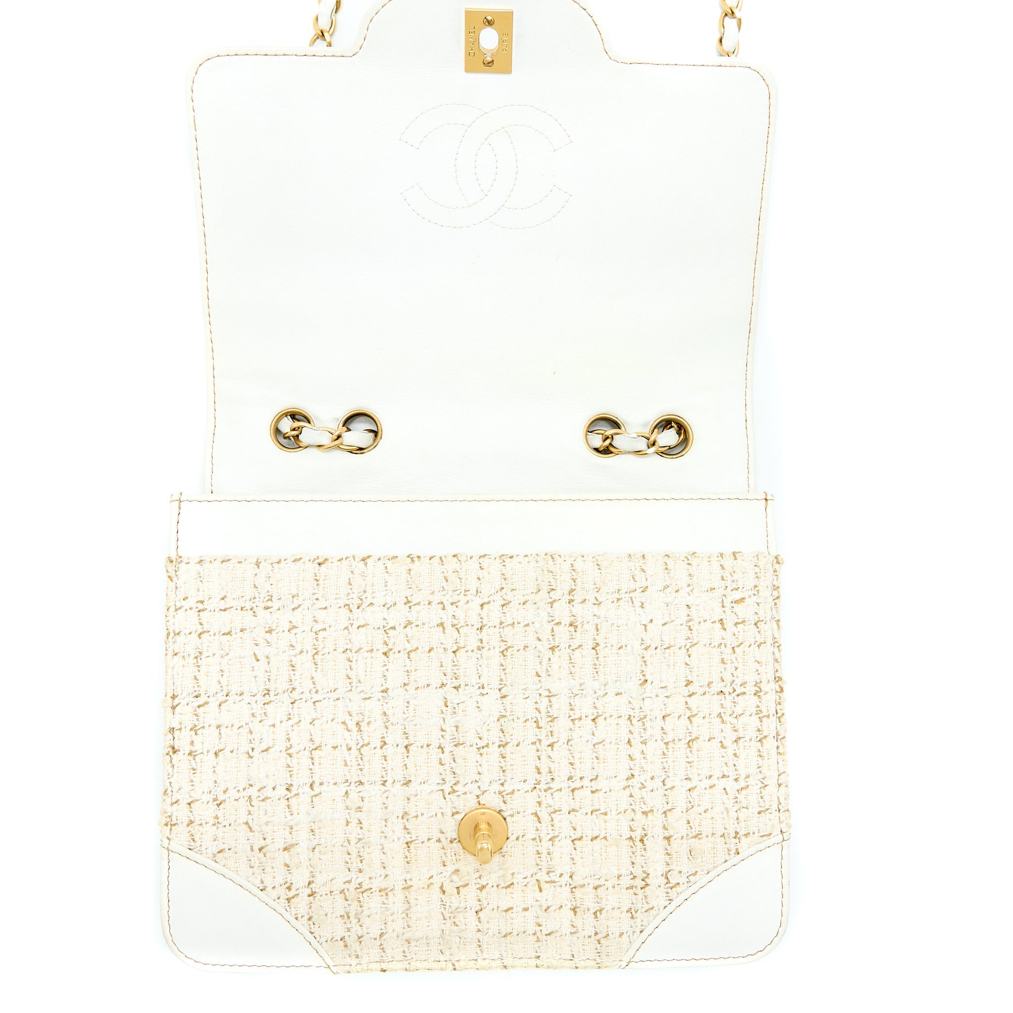 CHANEL VINTAGE FLAP BAG TWEED / LEATHER WHITE GHW