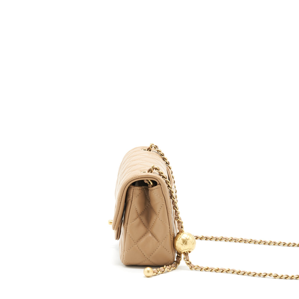 CHANEL 22B PEARL CRUSH MINI RECTANGULAR FLAP BAG LAMBSKIN DARK BEIGE GHW (MICROCHIP)