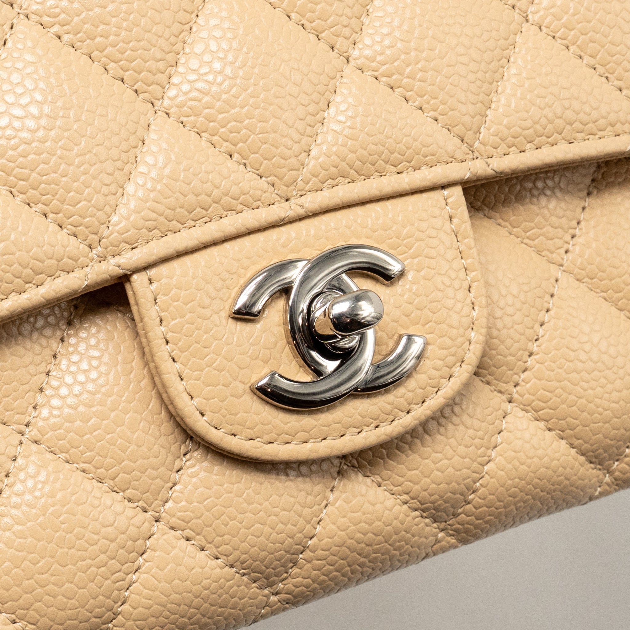 CHANEL MEDIUM CLASSIC DOUBLE FLAP BAG CAVIAR BEIGE SHW