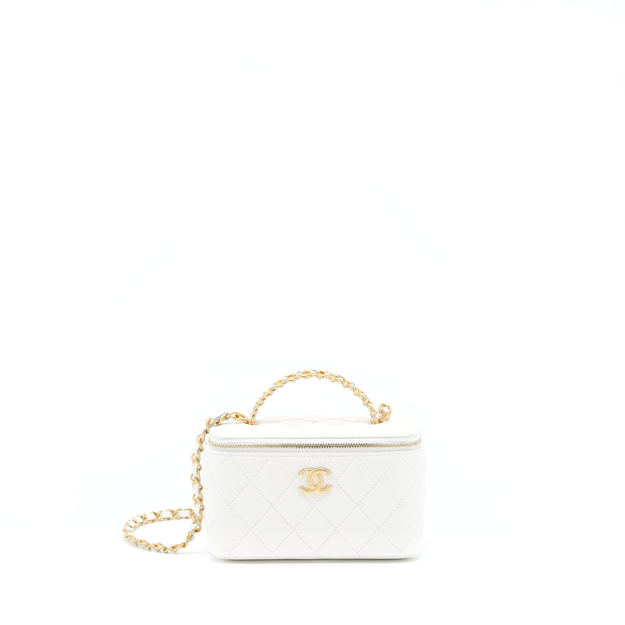 CHANEL 22S LOGO TOP HANDLE LONG VANITY CAVIAR WHITE GHW