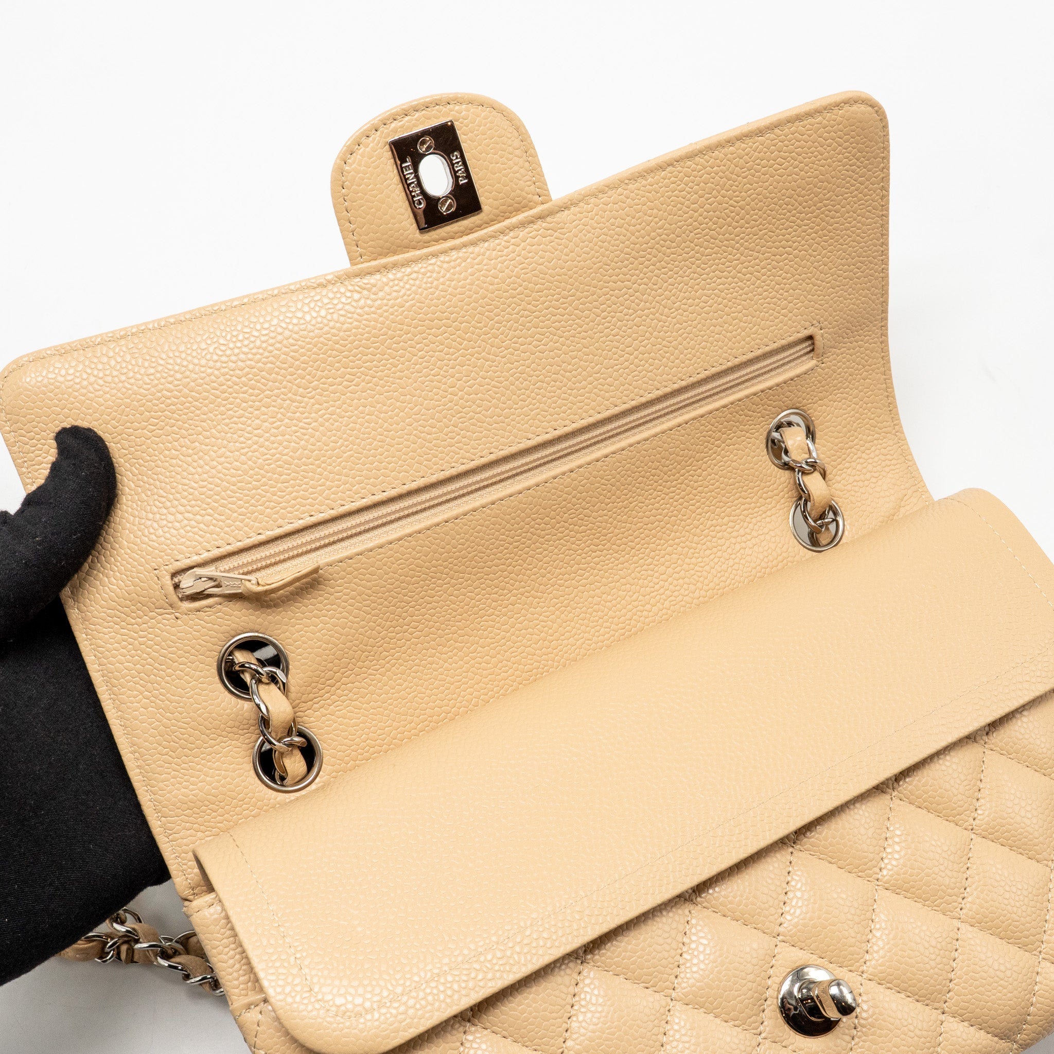 CHANEL MEDIUM CLASSIC DOUBLE FLAP BAG CAVIAR BEIGE SHW
