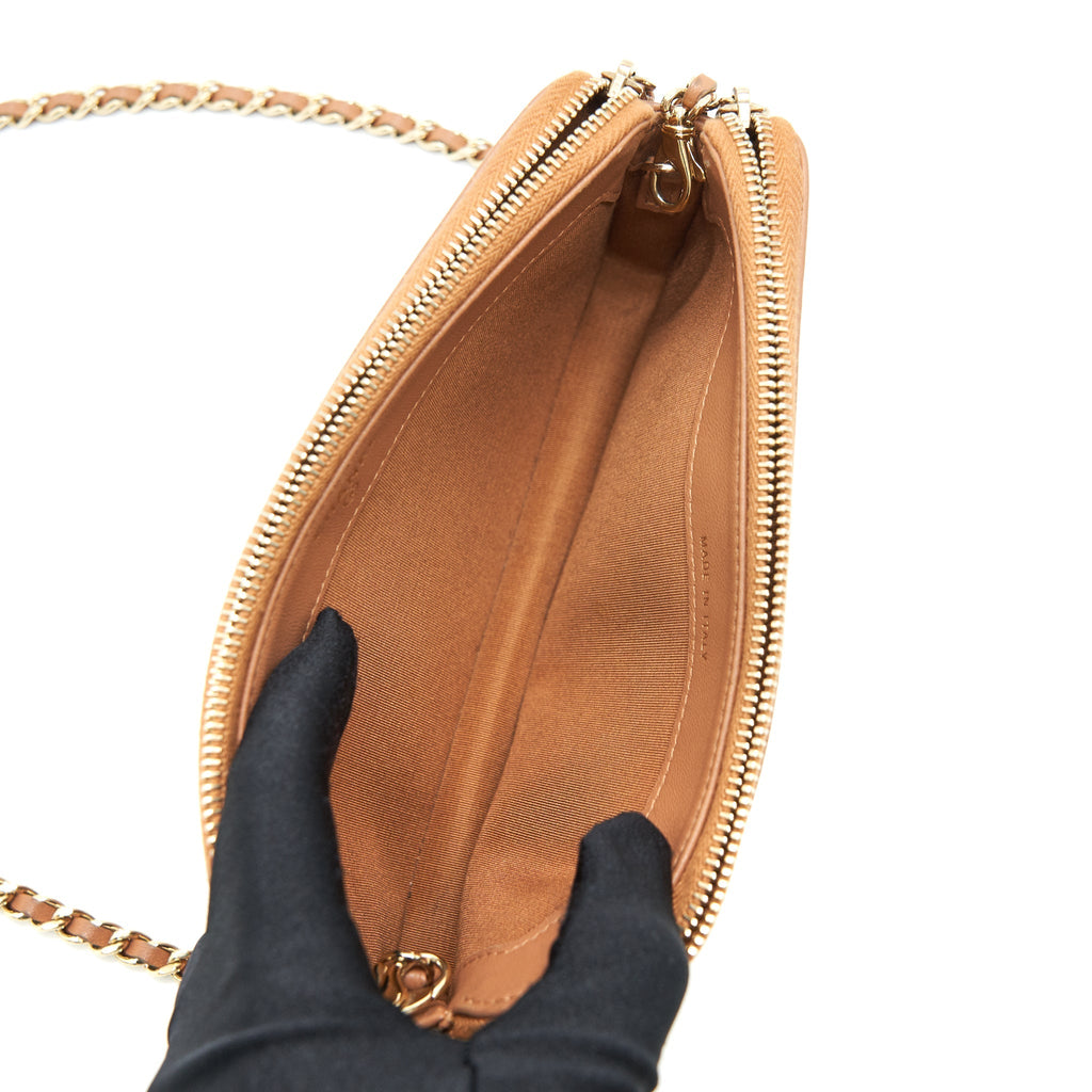 CHANEL STUD DOUBLE ZIP WALLET ON CHAIN DARK BEIGE
