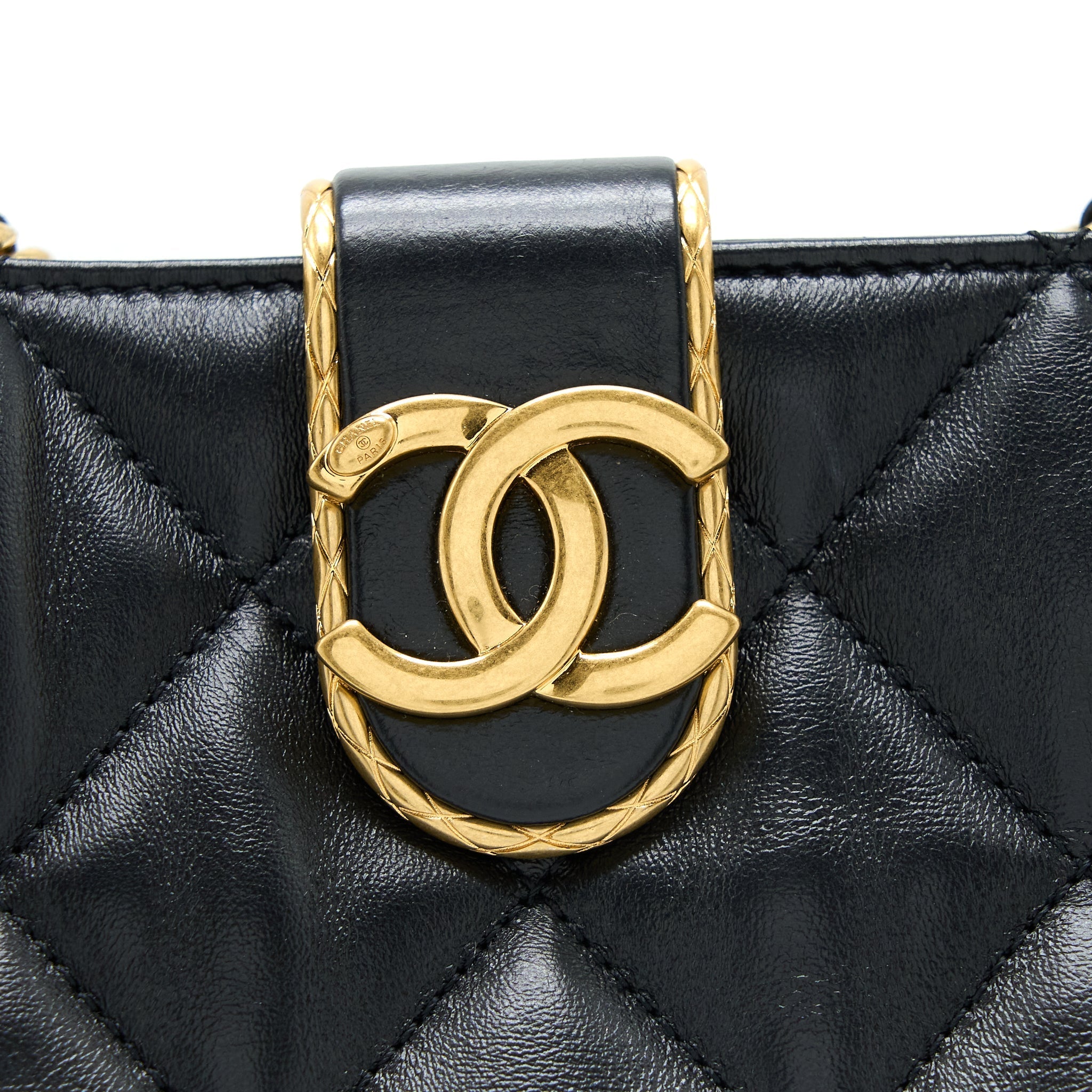CHANEL SEASONAL TOTE BAG LAMBSKIN BLACK BRUSHED GHW(MICROCHIP)